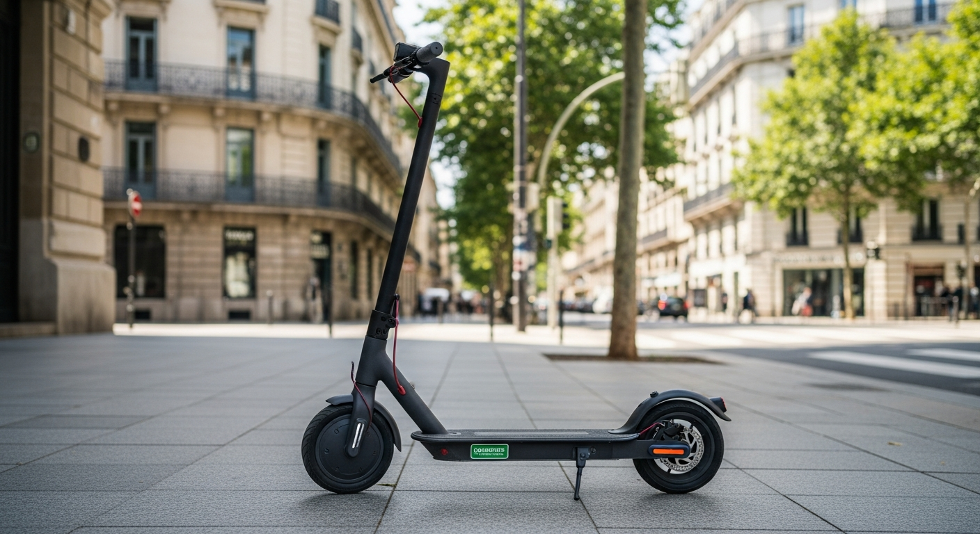 E-Scooter mit Versicherungsplakette auf einem Gehweg