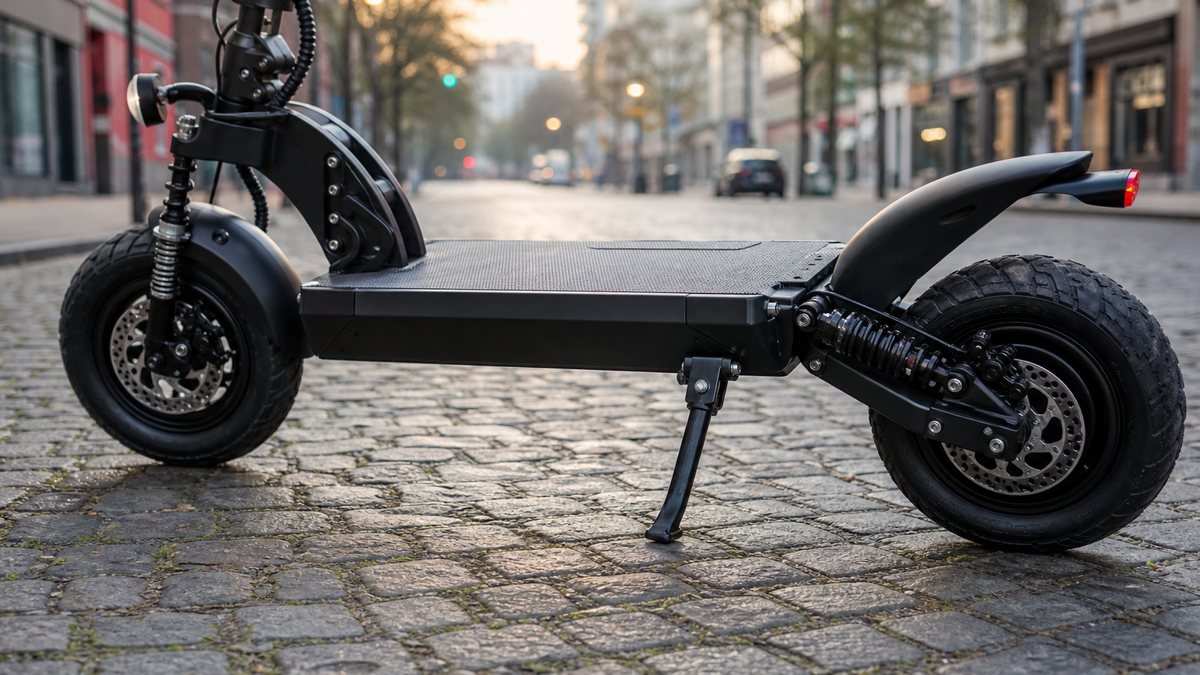 Robuster E-Scooter mit breitem Trittbrett und dicken Reifen auf Kopfsteinpflaster